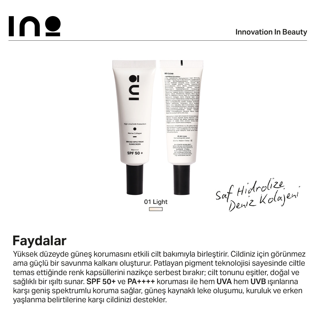 Broad Spectrum SPF 50+ Sunscreen - 01 Light INO Beauty Turkey