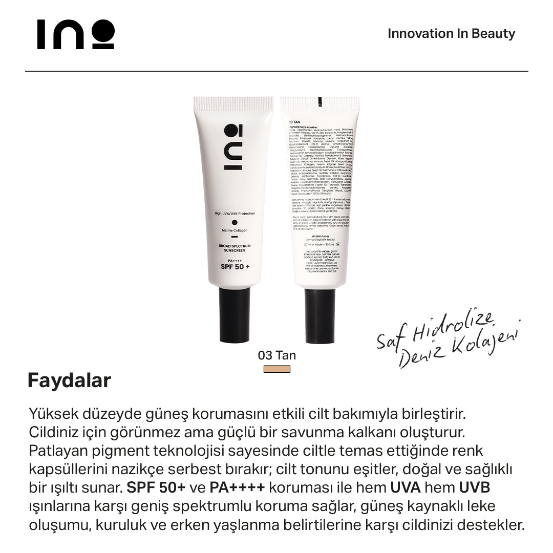 Broad Spectrum SPF 50+ Sunscreen - 03 Tan INO Beauty Turkey
